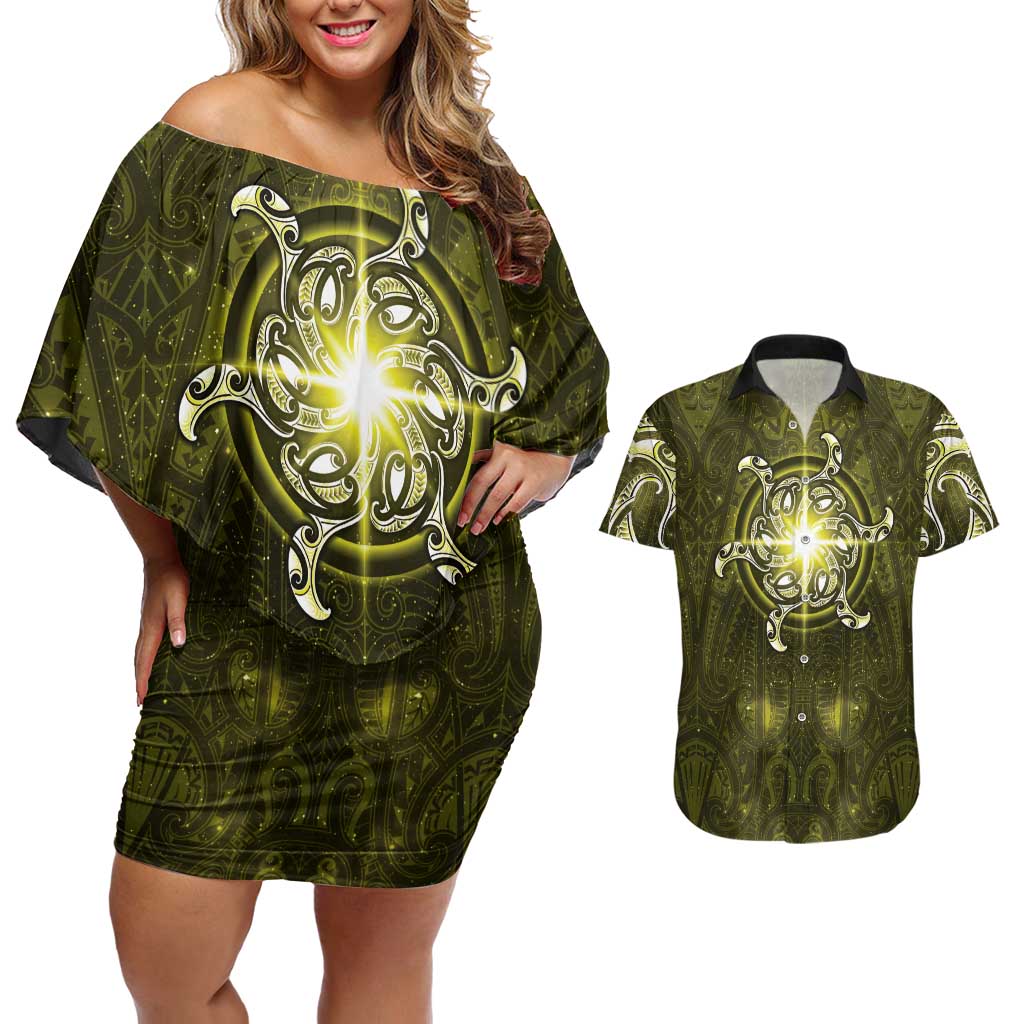 New Zealand Matariki Hiwaiterangi Couples Matching Off Shoulder Short Dress and Hawaiian Shirt Maori Moko Yellow Galaxy