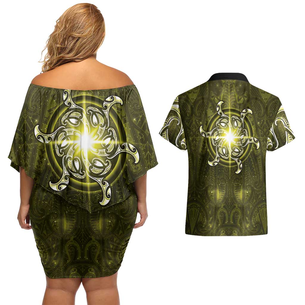 New Zealand Matariki Hiwaiterangi Couples Matching Off Shoulder Short Dress and Hawaiian Shirt Maori Moko Yellow Galaxy