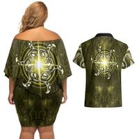 New Zealand Matariki Hiwaiterangi Couples Matching Off Shoulder Short Dress and Hawaiian Shirt Maori Moko Yellow Galaxy