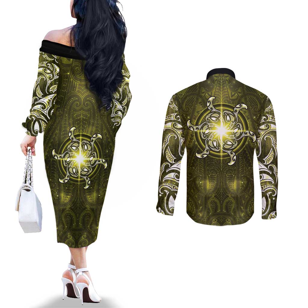 New Zealand Matariki Hiwaiterangi Couples Matching Off The Shoulder Long Sleeve Dress and Long Sleeve Button Shirt Maori Moko Yellow Galaxy