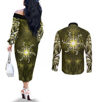 New Zealand Matariki Hiwaiterangi Couples Matching Off The Shoulder Long Sleeve Dress and Long Sleeve Button Shirt Maori Moko Yellow Galaxy