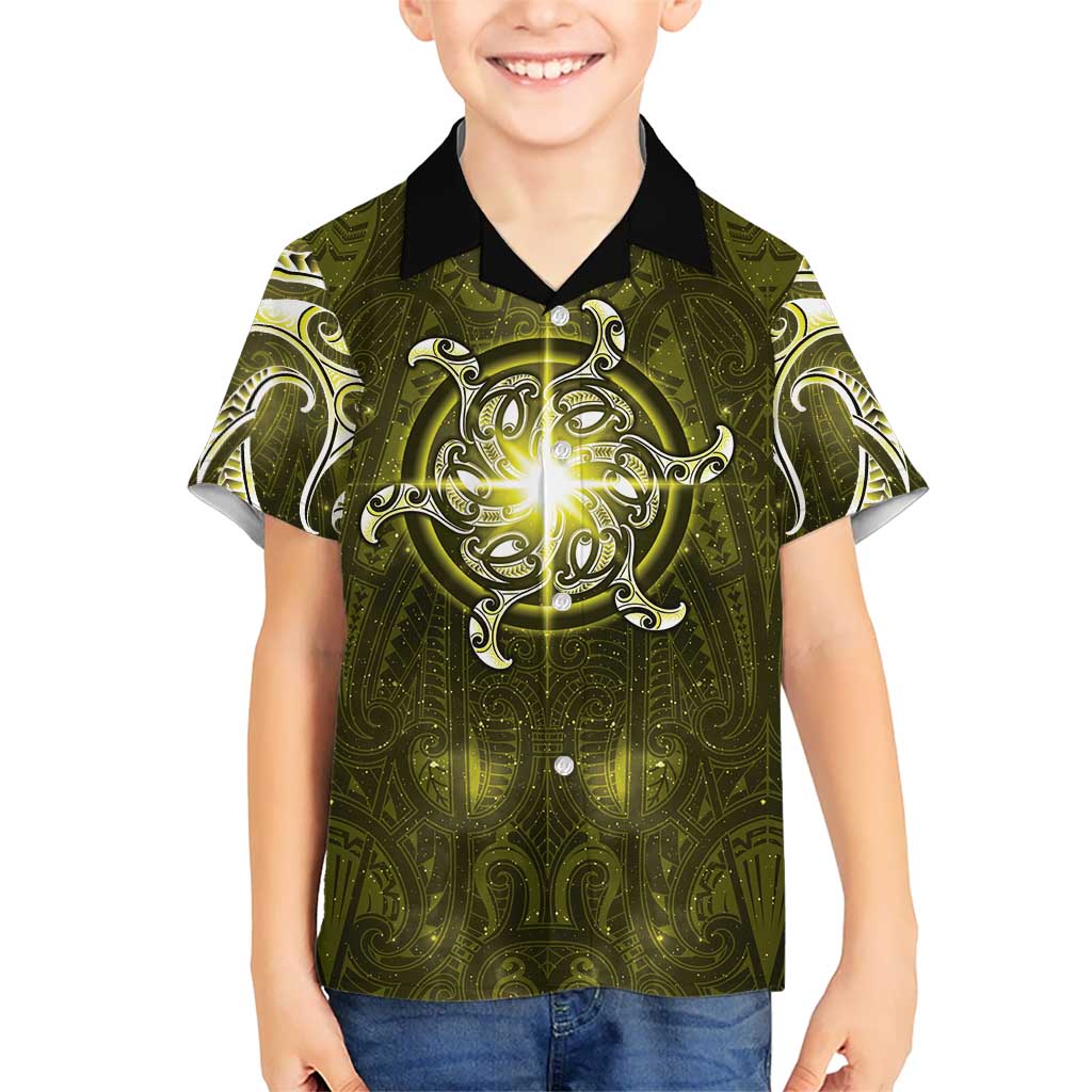 New Zealand Matariki Hiwaiterangi Family Matching Off Shoulder Maxi Dress and Hawaiian Shirt Maori Moko Yellow Galaxy LT05 Son's Shirt Yellow - Polynesian Pride