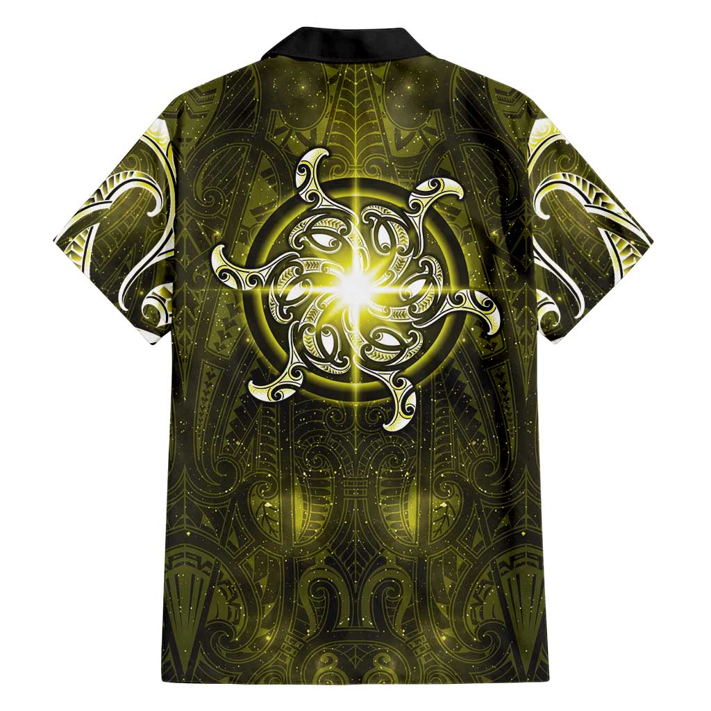 New Zealand Matariki Hiwaiterangi Family Matching Off Shoulder Short Dress and Hawaiian Shirt Maori Moko Yellow Galaxy LT05 - Polynesian Pride