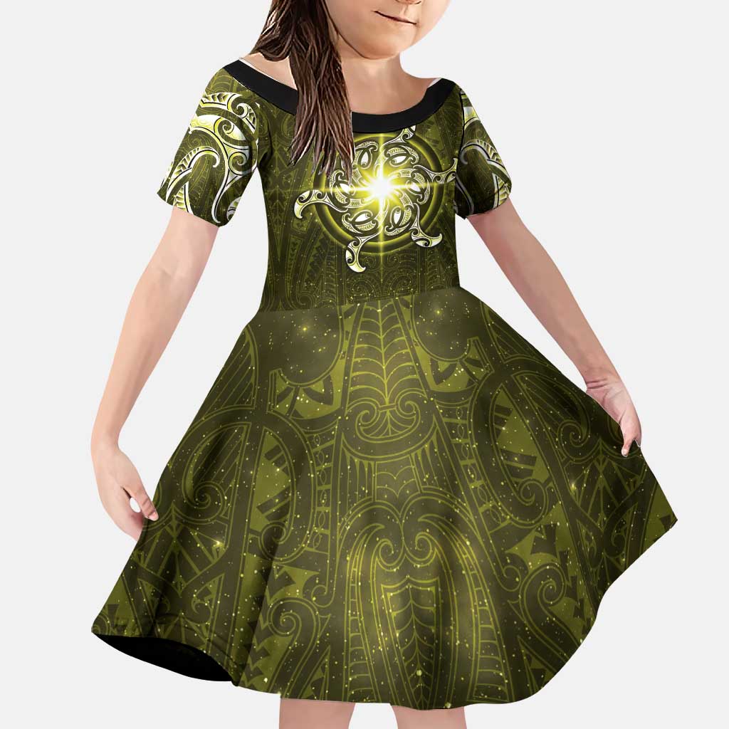 New Zealand Matariki Hiwaiterangi Family Matching Short Sleeve Bodycon Dress and Hawaiian Shirt Maori Moko Yellow Galaxy LT05 Daughter's Dress Yellow - Polynesian Pride