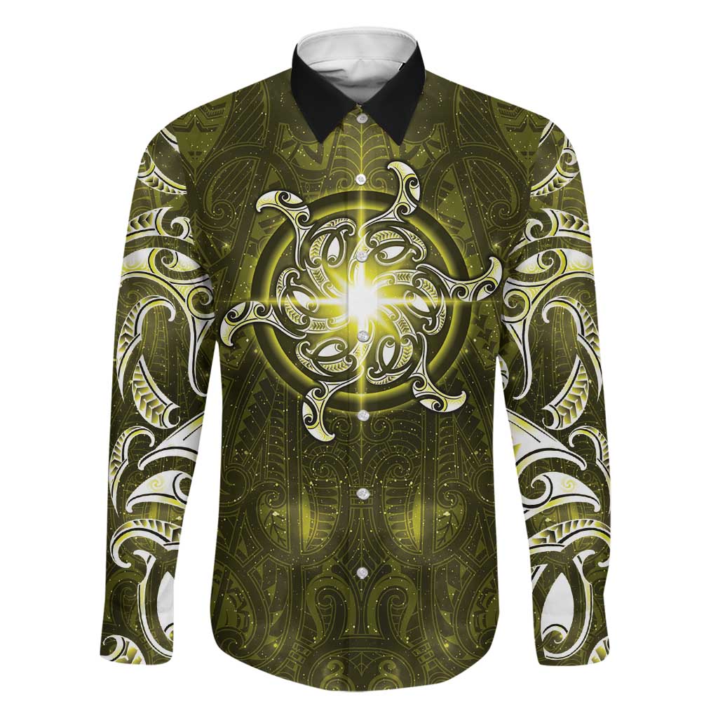 New Zealand Matariki Hiwaiterangi Family Matching Short Sleeve Bodycon Dress and Hawaiian Shirt Maori Moko Yellow Galaxy LT05 Dad's Shirt - Long Sleeve Yellow - Polynesian Pride