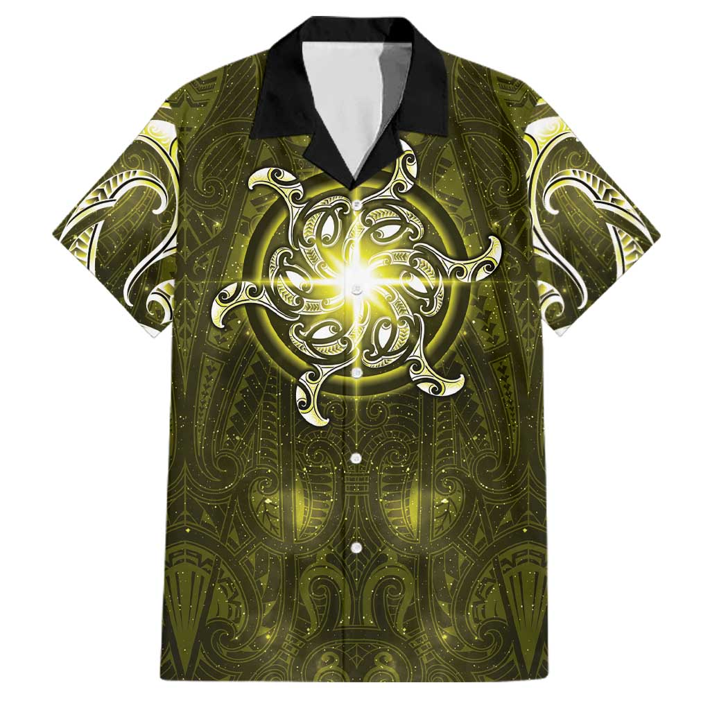 New Zealand Matariki Hiwaiterangi Family Matching Summer Maxi Dress and Hawaiian Shirt Maori Moko Yellow Galaxy LT05 Dad's Shirt - Short Sleeve Yellow - Polynesian Pride