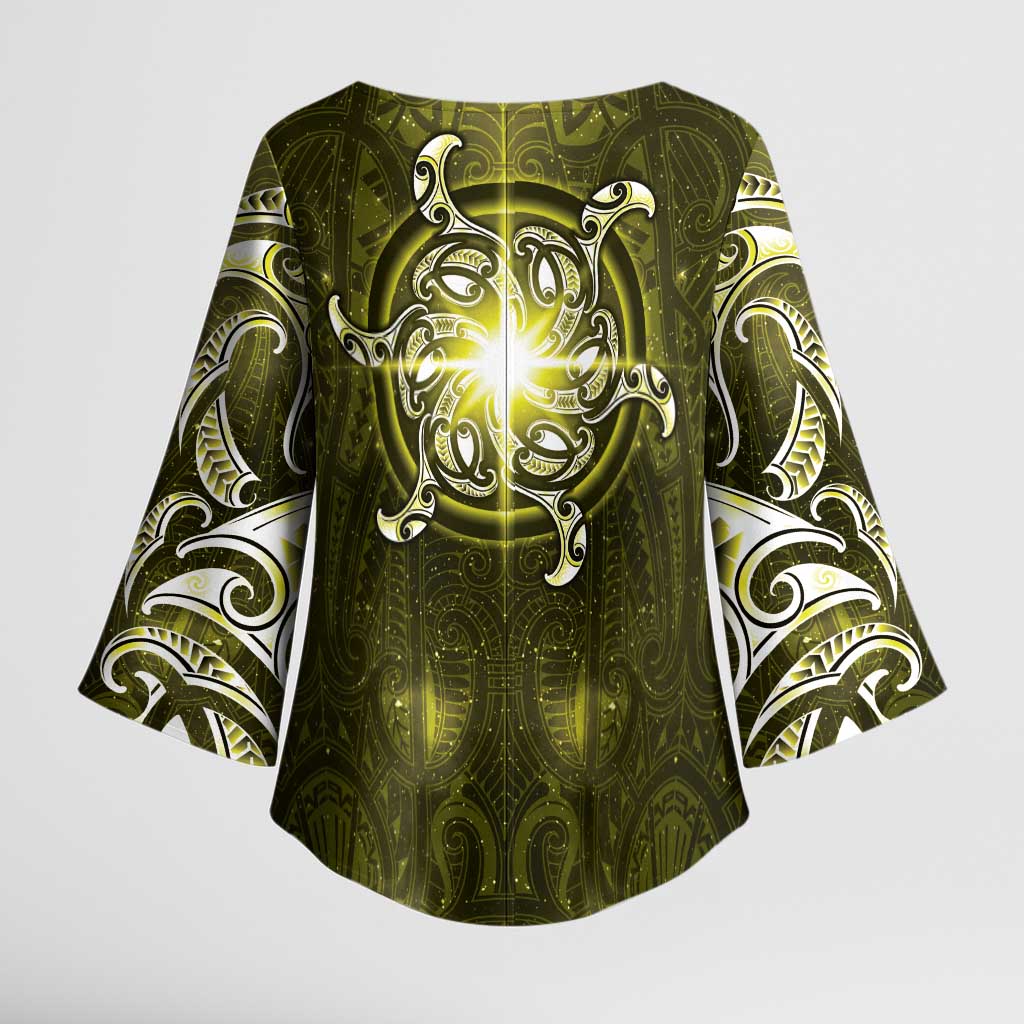 New Zealand Matariki Hiwaiterangi Kimono Sleeve Blouse Maori Moko Yellow Galaxy