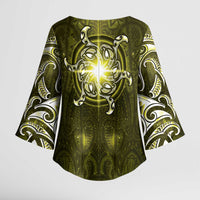 New Zealand Matariki Hiwaiterangi Kimono Sleeve Blouse Maori Moko Yellow Galaxy