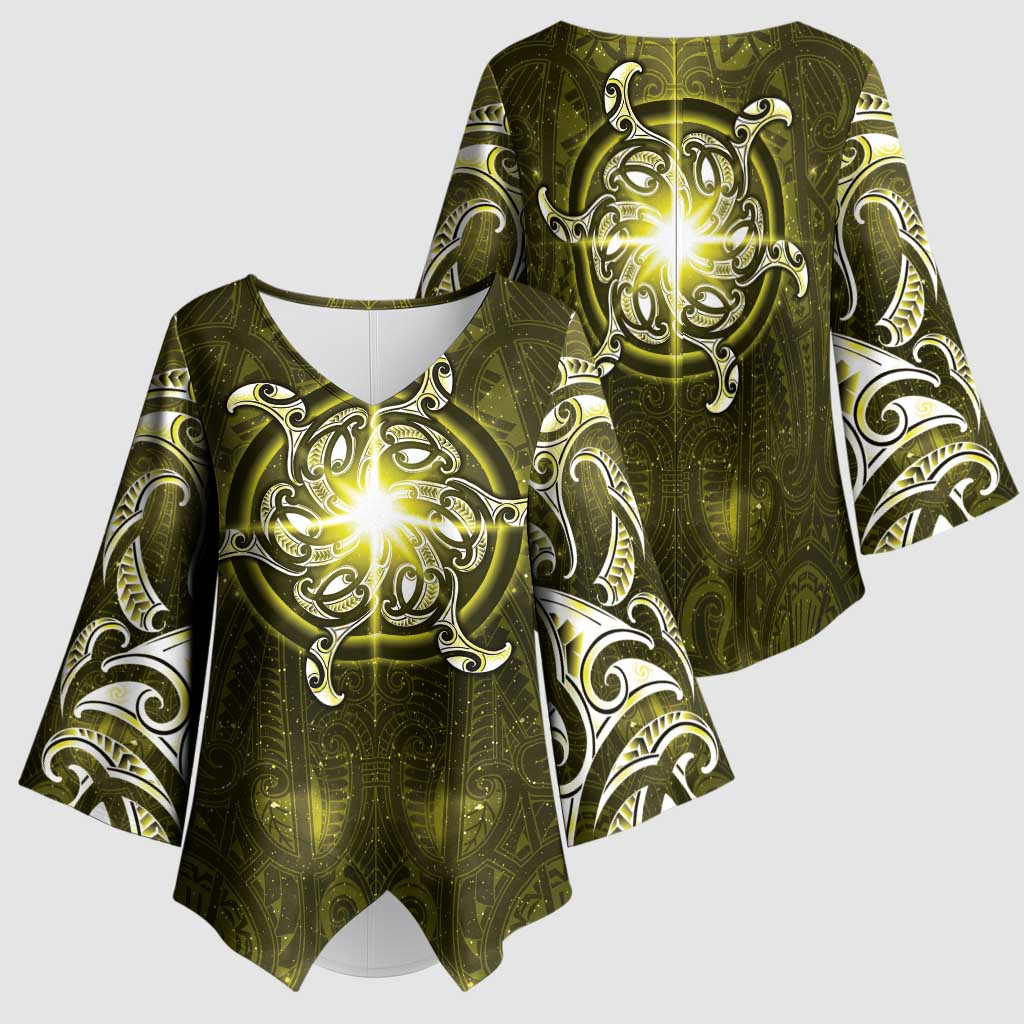 New Zealand Matariki Hiwaiterangi Kimono Sleeve Blouse Maori Moko Yellow Galaxy