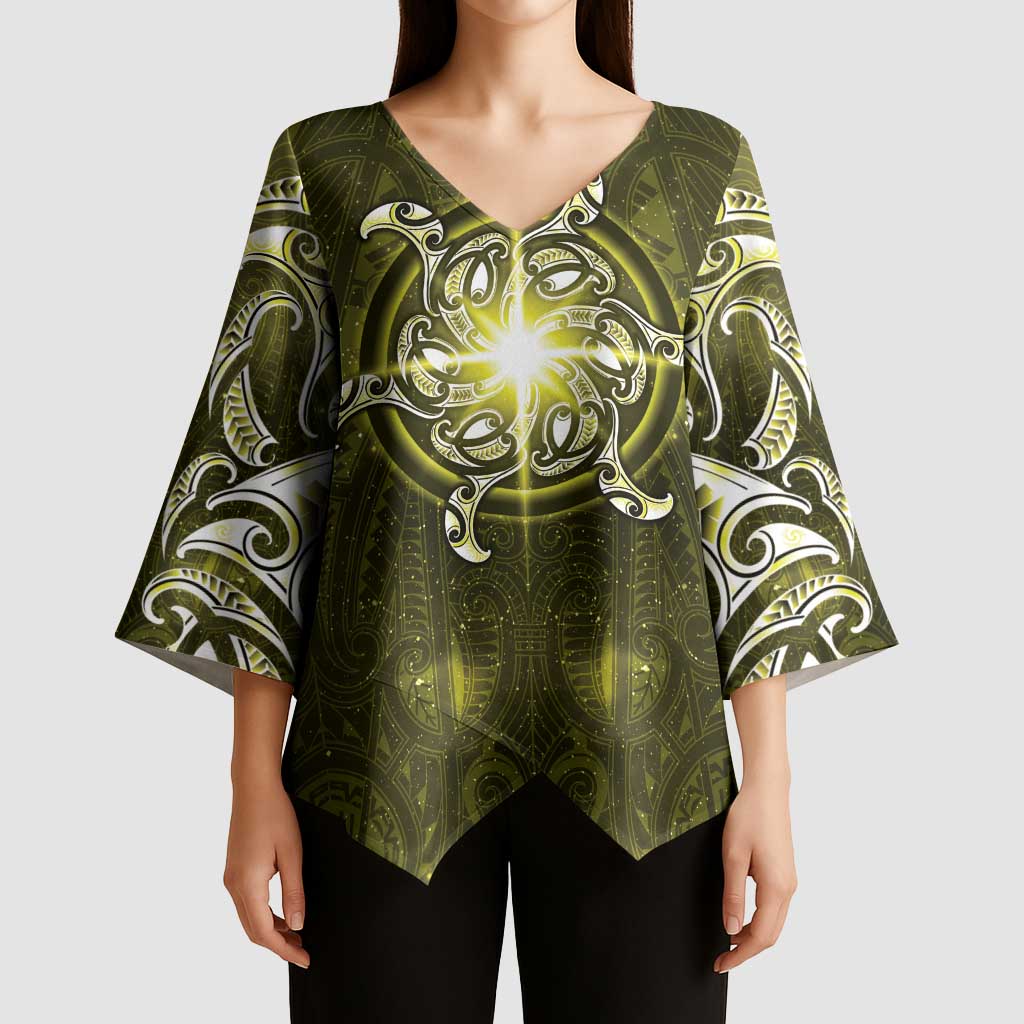 New Zealand Matariki Hiwaiterangi Kimono Sleeve Blouse Maori Moko Yellow Galaxy