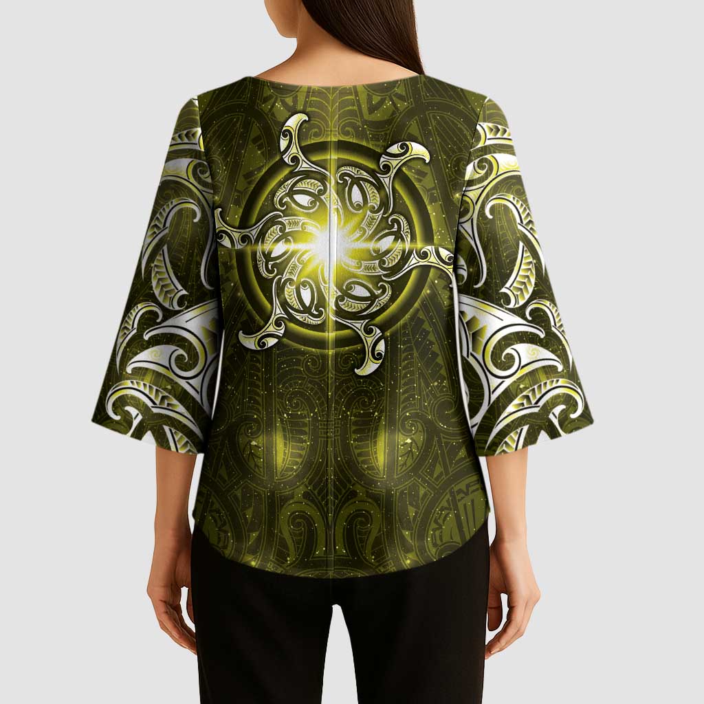 New Zealand Matariki Hiwaiterangi Kimono Sleeve Blouse Maori Moko Yellow Galaxy