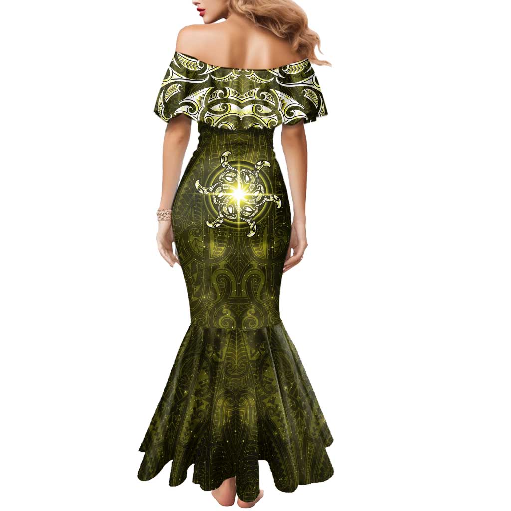 New Zealand Matariki Hiwaiterangi Mermaid Dress Maori Moko Yellow Galaxy