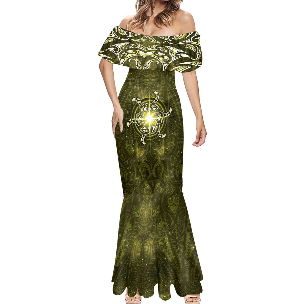 New Zealand Matariki Hiwaiterangi Mermaid Dress Maori Moko Yellow Galaxy
