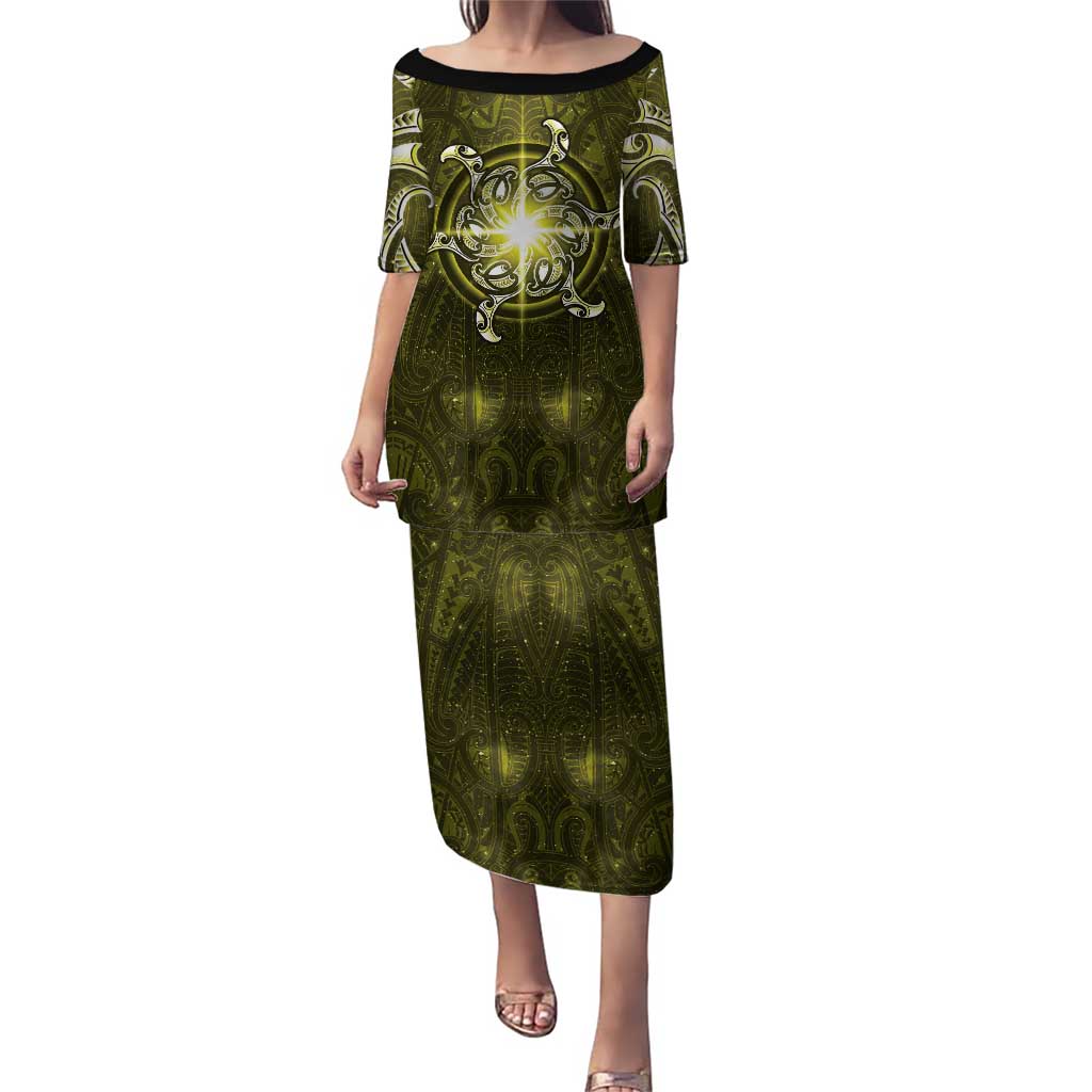 New Zealand Matariki Hiwaiterangi Puletasi Maori Moko Yellow Galaxy LT05 Long Dress Yellow - Polynesian Pride