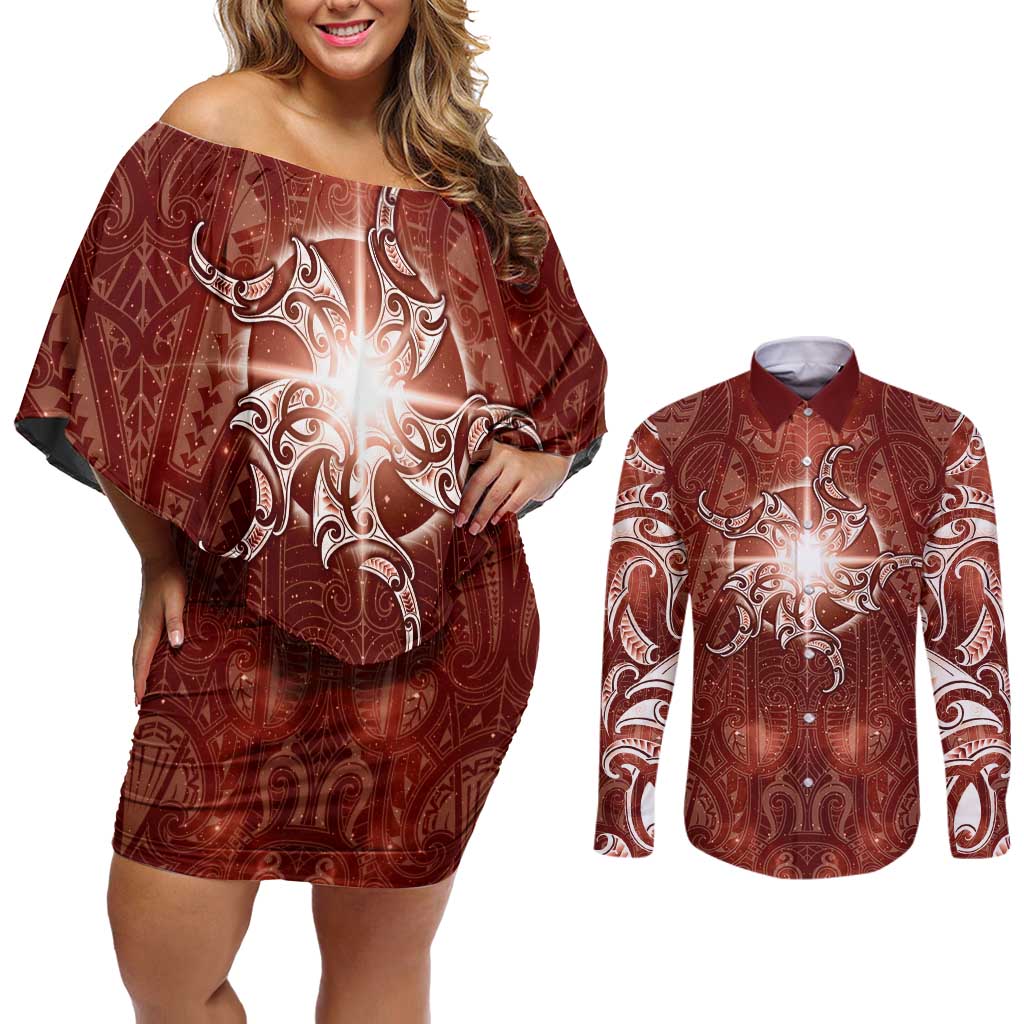 New Zealand Matariki Pohutukawa Couples Matching Off Shoulder Short Dress and Long Sleeve Button Shirt Maori Moko Red Galaxy