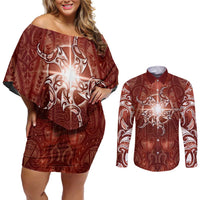 New Zealand Matariki Pohutukawa Couples Matching Off Shoulder Short Dress and Long Sleeve Button Shirt Maori Moko Red Galaxy