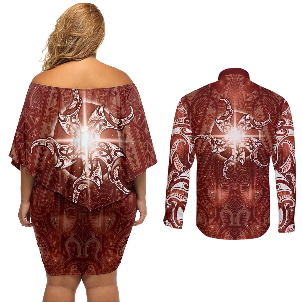 New Zealand Matariki Pohutukawa Couples Matching Off Shoulder Short Dress and Long Sleeve Button Shirt Maori Moko Red Galaxy