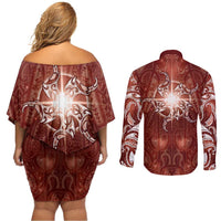 New Zealand Matariki Pohutukawa Couples Matching Off Shoulder Short Dress and Long Sleeve Button Shirt Maori Moko Red Galaxy