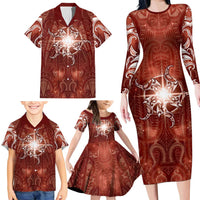 New Zealand Matariki Pohutukawa Family Matching Long Sleeve Bodycon Dress and Hawaiian Shirt Maori Moko Red Galaxy