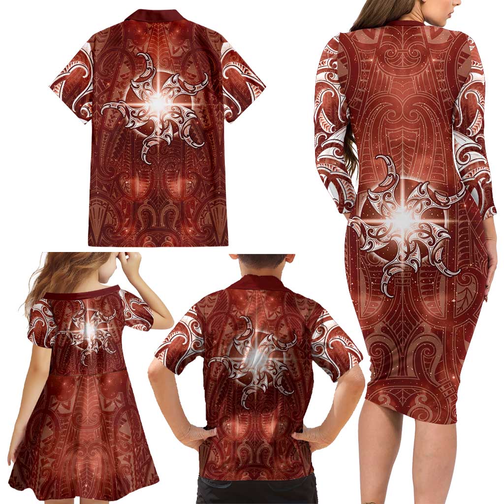 New Zealand Matariki Pohutukawa Family Matching Long Sleeve Bodycon Dress and Hawaiian Shirt Maori Moko Red Galaxy