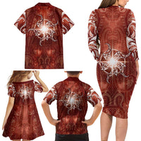 New Zealand Matariki Pohutukawa Family Matching Long Sleeve Bodycon Dress and Hawaiian Shirt Maori Moko Red Galaxy