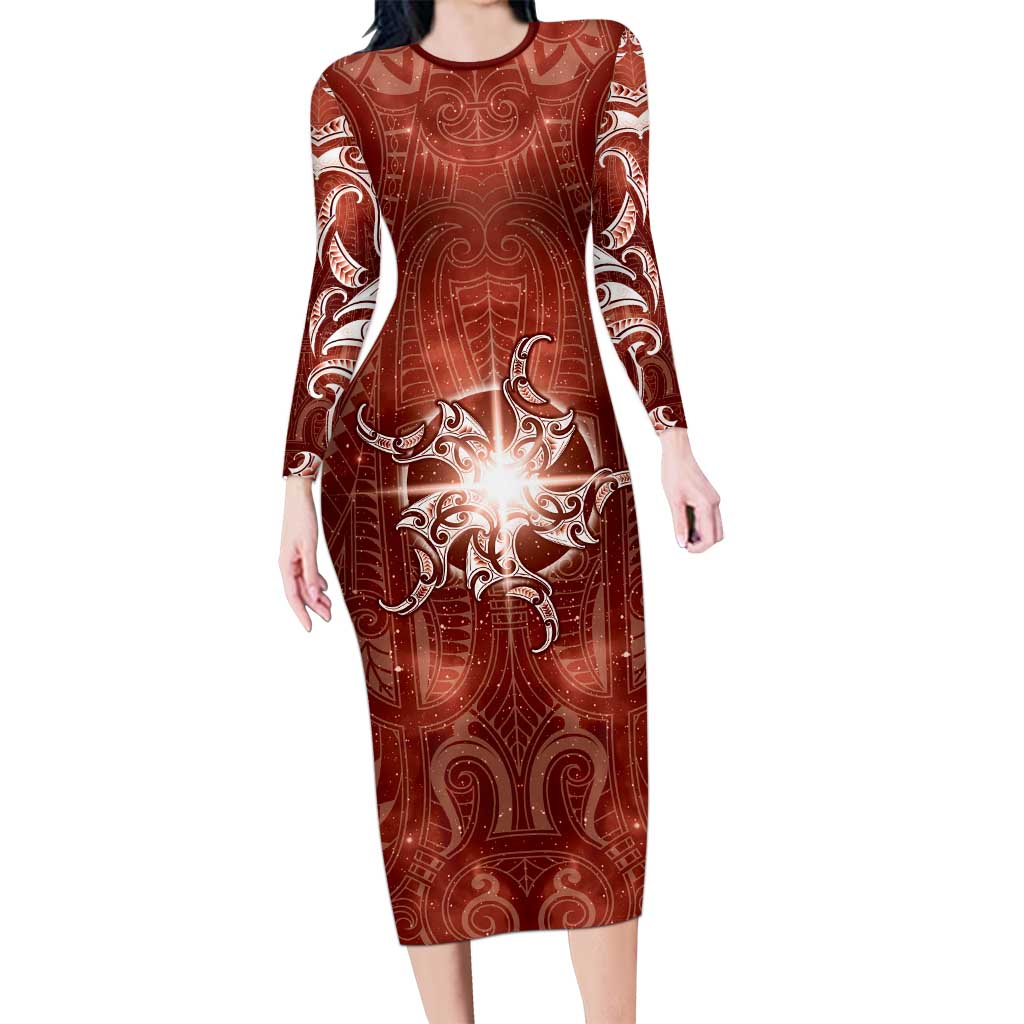 New Zealand Matariki Pohutukawa Family Matching Long Sleeve Bodycon Dress and Hawaiian Shirt Maori Moko Red Galaxy