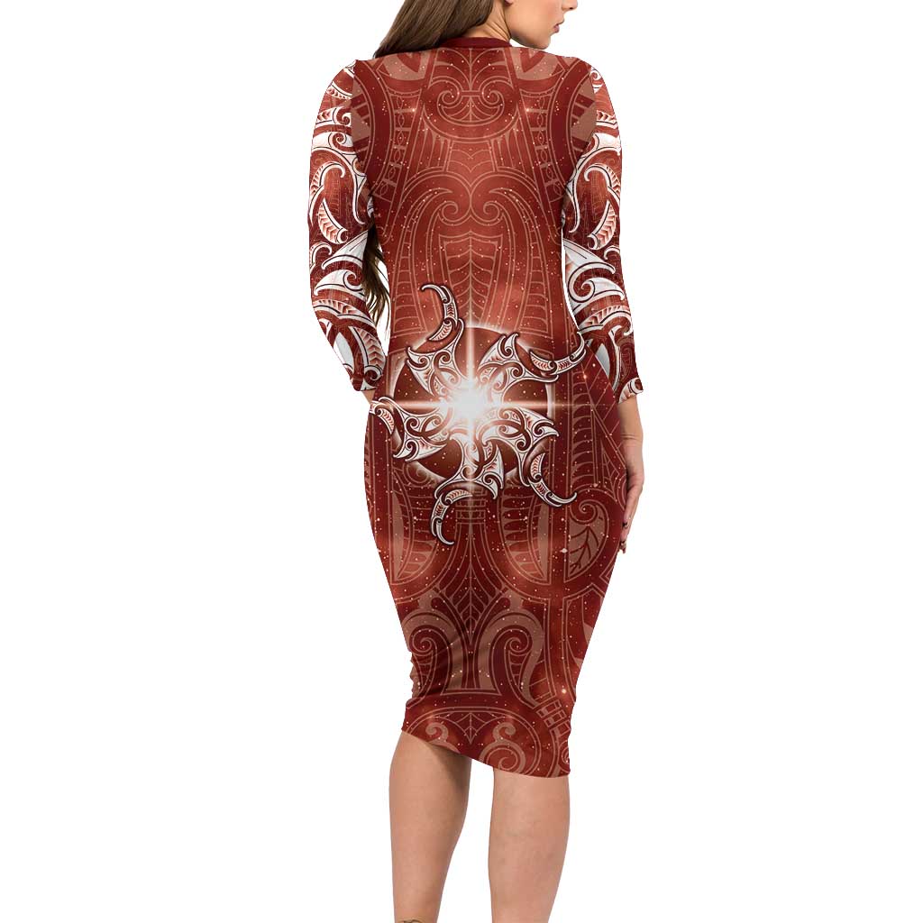 New Zealand Matariki Pohutukawa Family Matching Long Sleeve Bodycon Dress and Hawaiian Shirt Maori Moko Red Galaxy