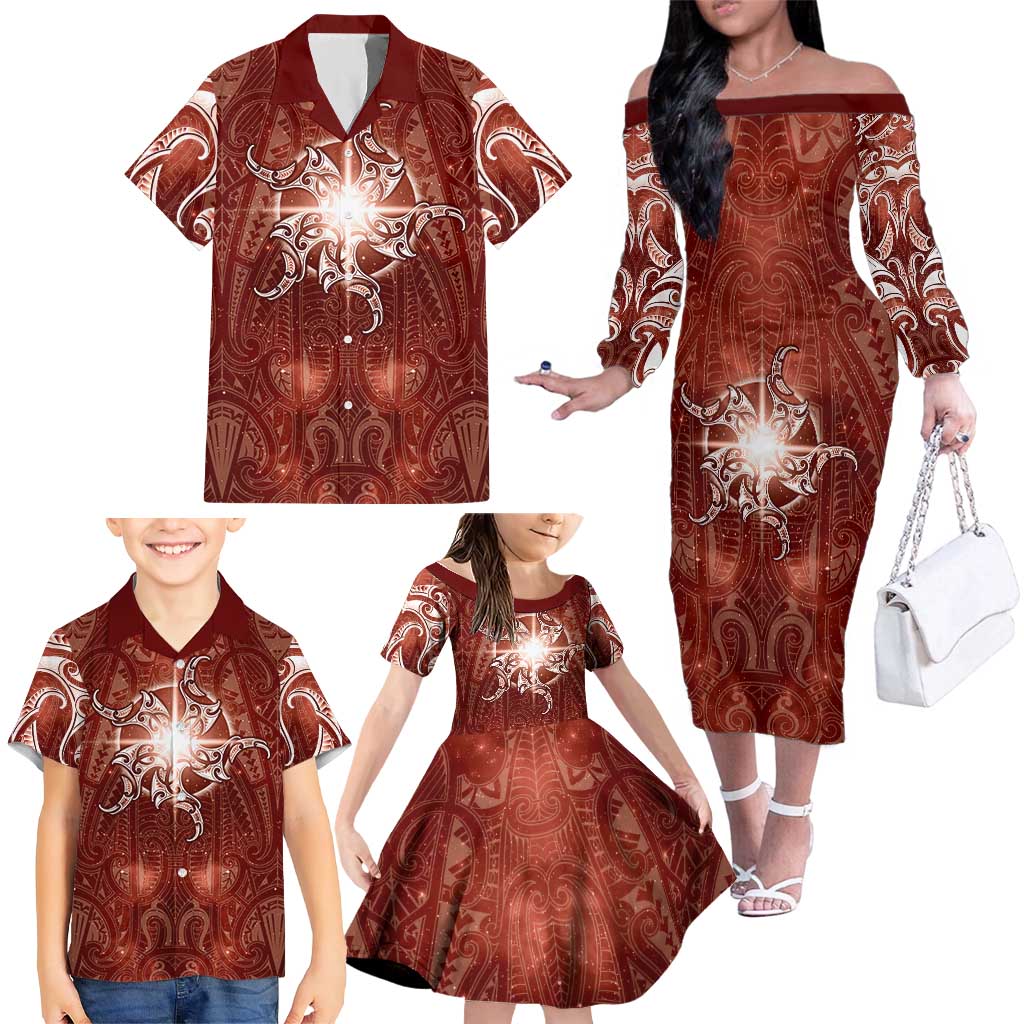 New Zealand Matariki Pohutukawa Family Matching Off The Shoulder Long Sleeve Dress and Hawaiian Shirt Maori Moko Red Galaxy