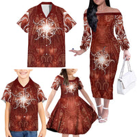 New Zealand Matariki Pohutukawa Family Matching Off The Shoulder Long Sleeve Dress and Hawaiian Shirt Maori Moko Red Galaxy