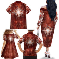 New Zealand Matariki Pohutukawa Family Matching Off The Shoulder Long Sleeve Dress and Hawaiian Shirt Maori Moko Red Galaxy