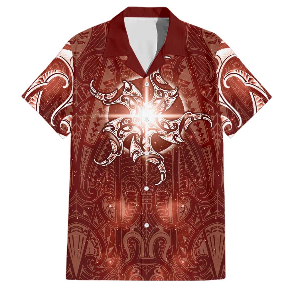 New Zealand Matariki Pohutukawa Family Matching Off The Shoulder Long Sleeve Dress and Hawaiian Shirt Maori Moko Red Galaxy