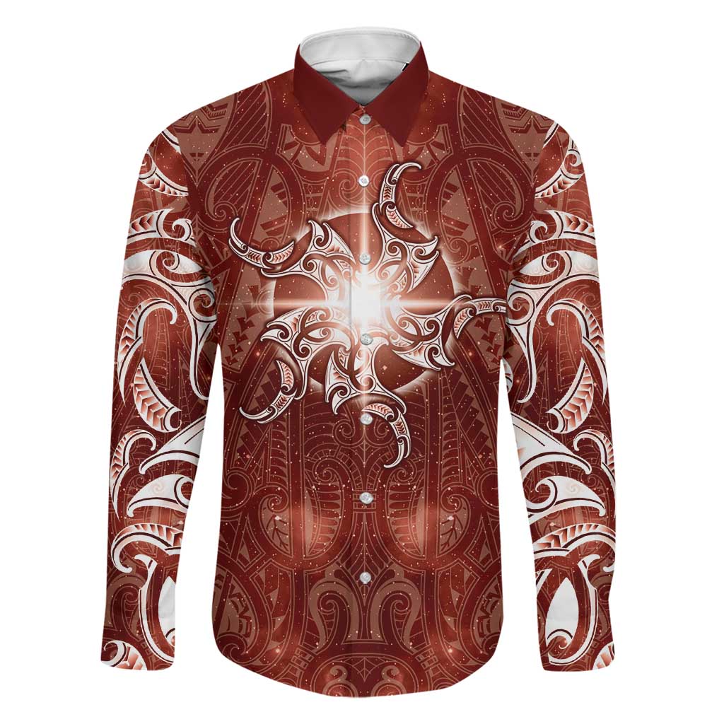 New Zealand Matariki Pohutukawa Family Matching Off The Shoulder Long Sleeve Dress and Hawaiian Shirt Maori Moko Red Galaxy