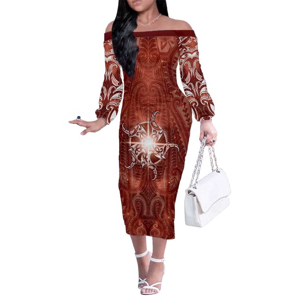 New Zealand Matariki Pohutukawa Family Matching Off The Shoulder Long Sleeve Dress and Hawaiian Shirt Maori Moko Red Galaxy