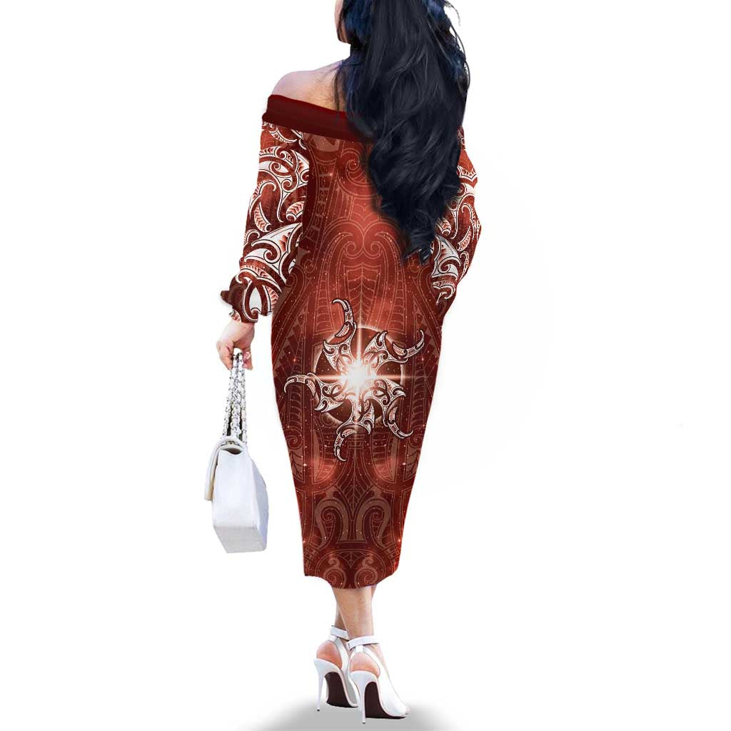 New Zealand Matariki Pohutukawa Family Matching Off The Shoulder Long Sleeve Dress and Hawaiian Shirt Maori Moko Red Galaxy
