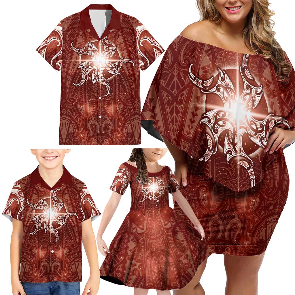 New Zealand Matariki Pohutukawa Family Matching Off Shoulder Short Dress and Hawaiian Shirt Maori Moko Red Galaxy LT05 - Polynesian Pride