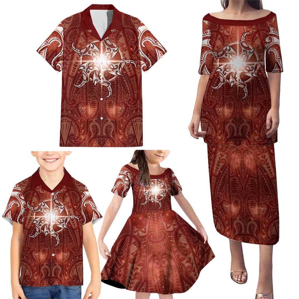 New Zealand Matariki Pohutukawa Family Matching Puletasi and Hawaiian Shirt Maori Moko Red Galaxy LT05 - Polynesian Pride