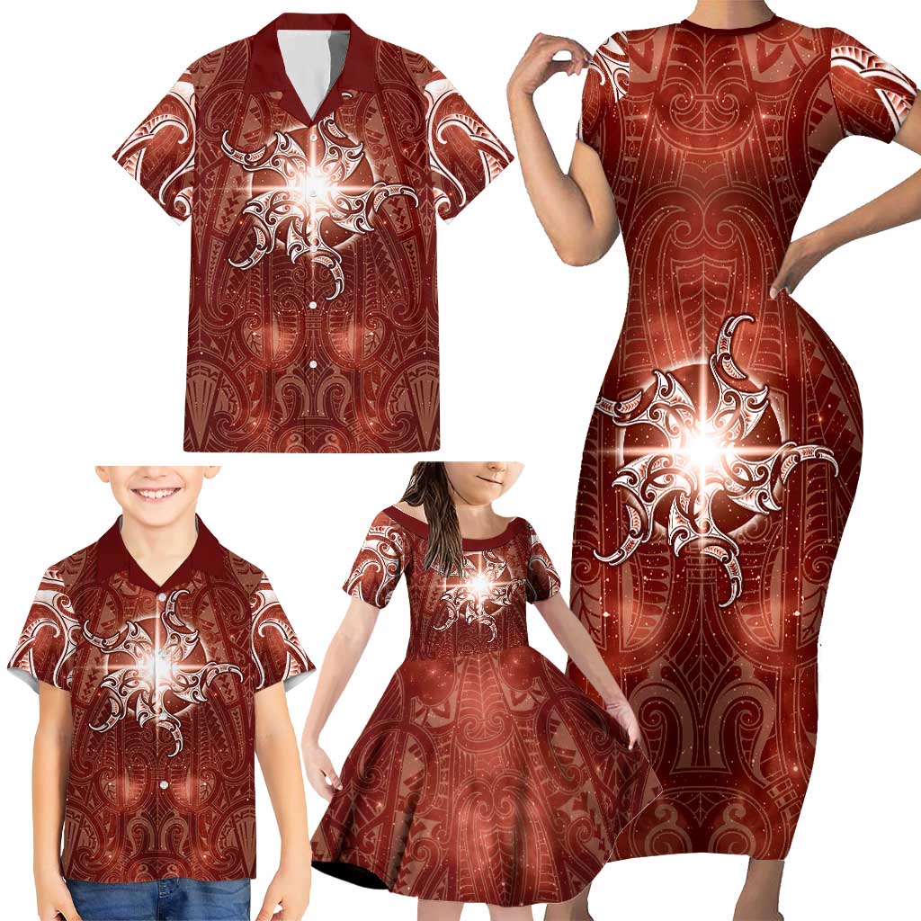 New Zealand Matariki Pohutukawa Family Matching Short Sleeve Bodycon Dress and Hawaiian Shirt Maori Moko Red Galaxy LT05 - Polynesian Pride