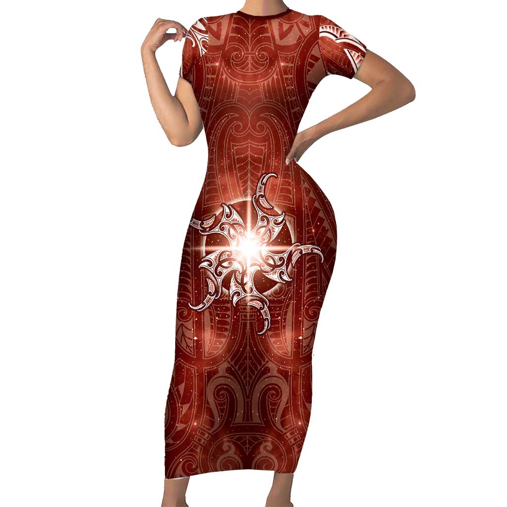 New Zealand Matariki Pohutukawa Short Sleeve Bodycon Dress Maori Moko Red Galaxy