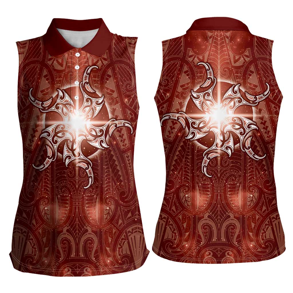 New Zealand Matariki Pohutukawa Women Sleeveless Polo Shirt Maori Moko Red Galaxy