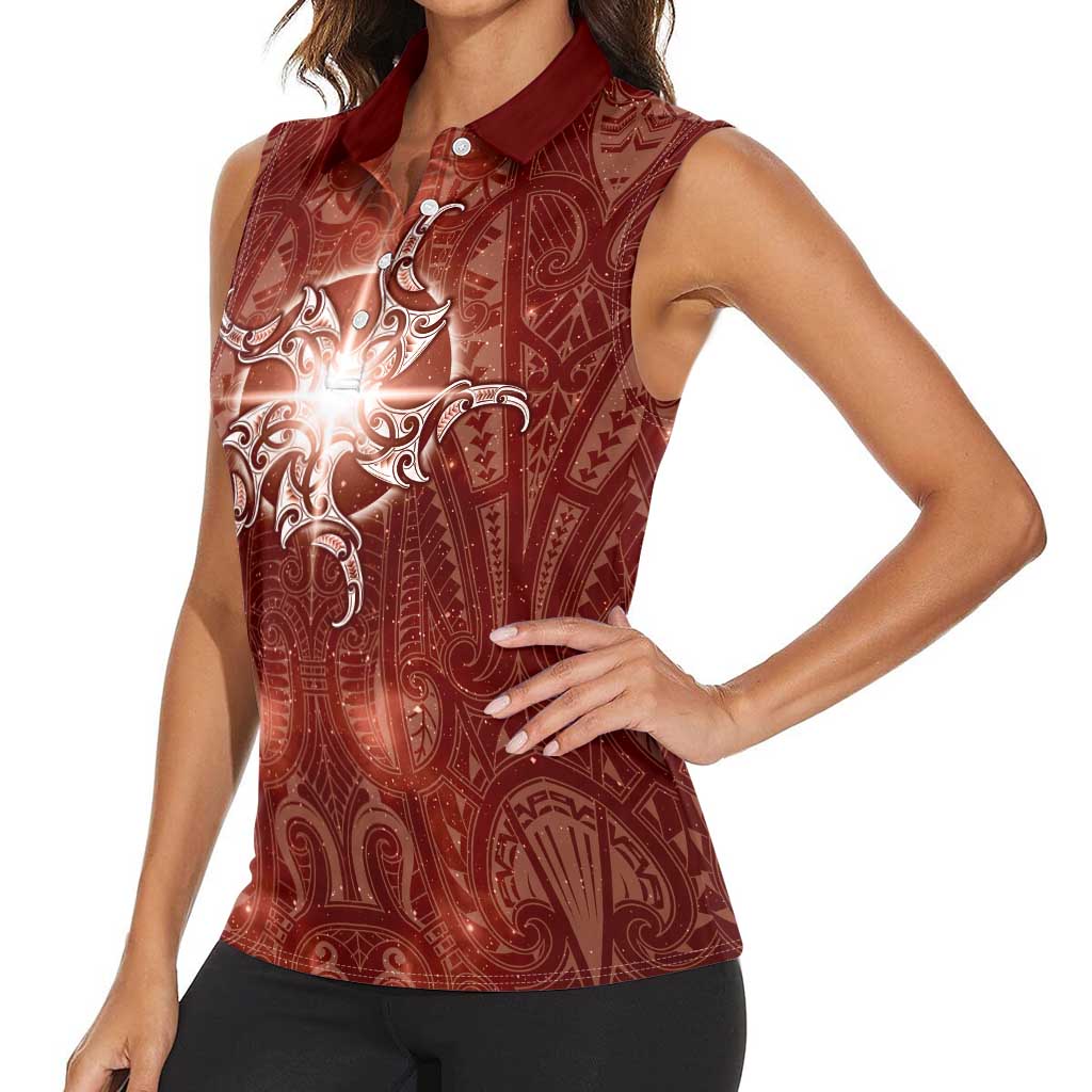 New Zealand Matariki Pohutukawa Women Sleeveless Polo Shirt Maori Moko Red Galaxy