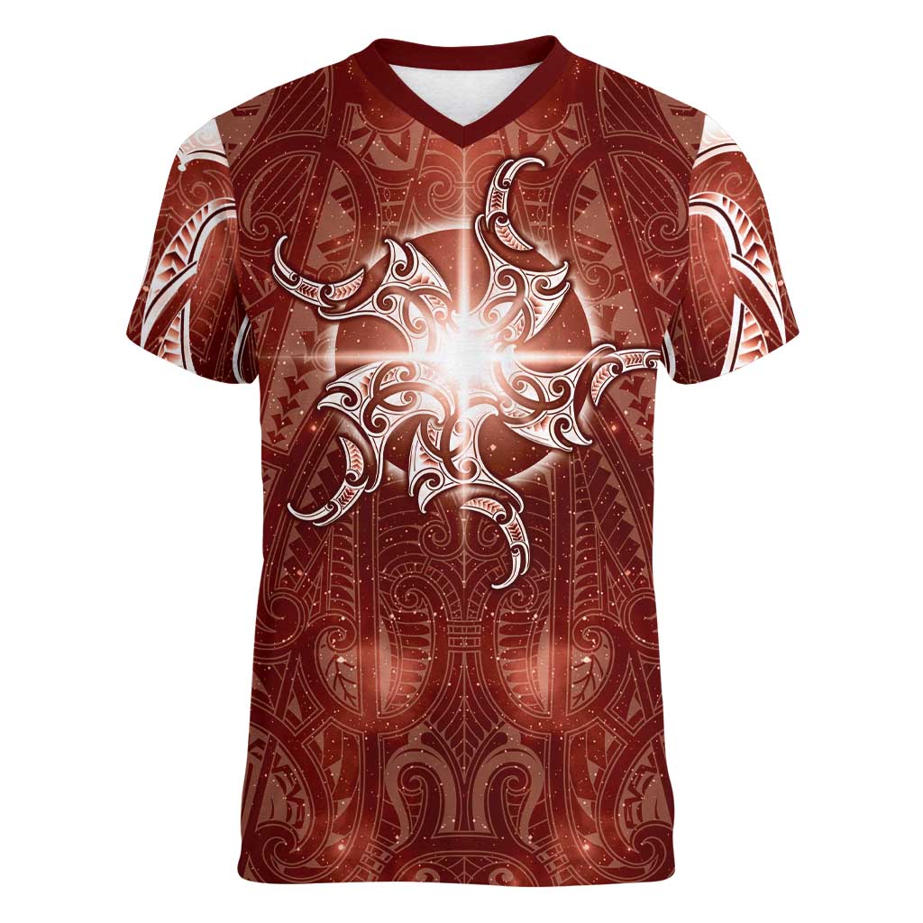 New Zealand Matariki Pohutukawa Women V-Neck T-Shirt Maori Moko Red Galaxy
