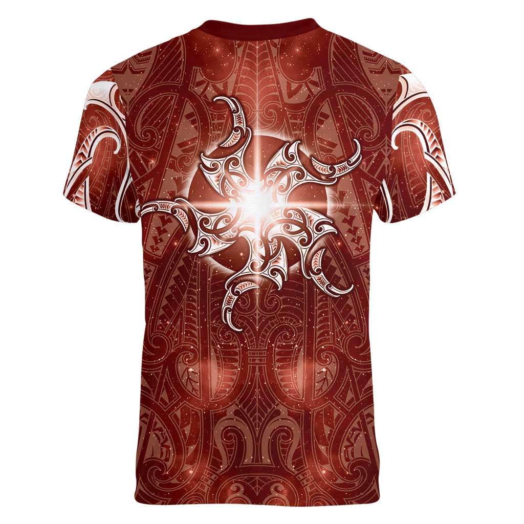 New Zealand Matariki Pohutukawa Women V-Neck T-Shirt Maori Moko Red Galaxy
