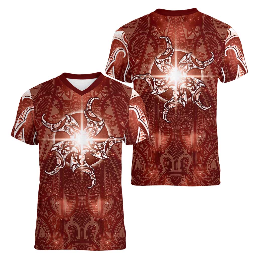 New Zealand Matariki Pohutukawa Women V-Neck T-Shirt Maori Moko Red Galaxy