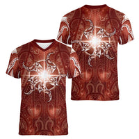 New Zealand Matariki Pohutukawa Women V-Neck T-Shirt Maori Moko Red Galaxy