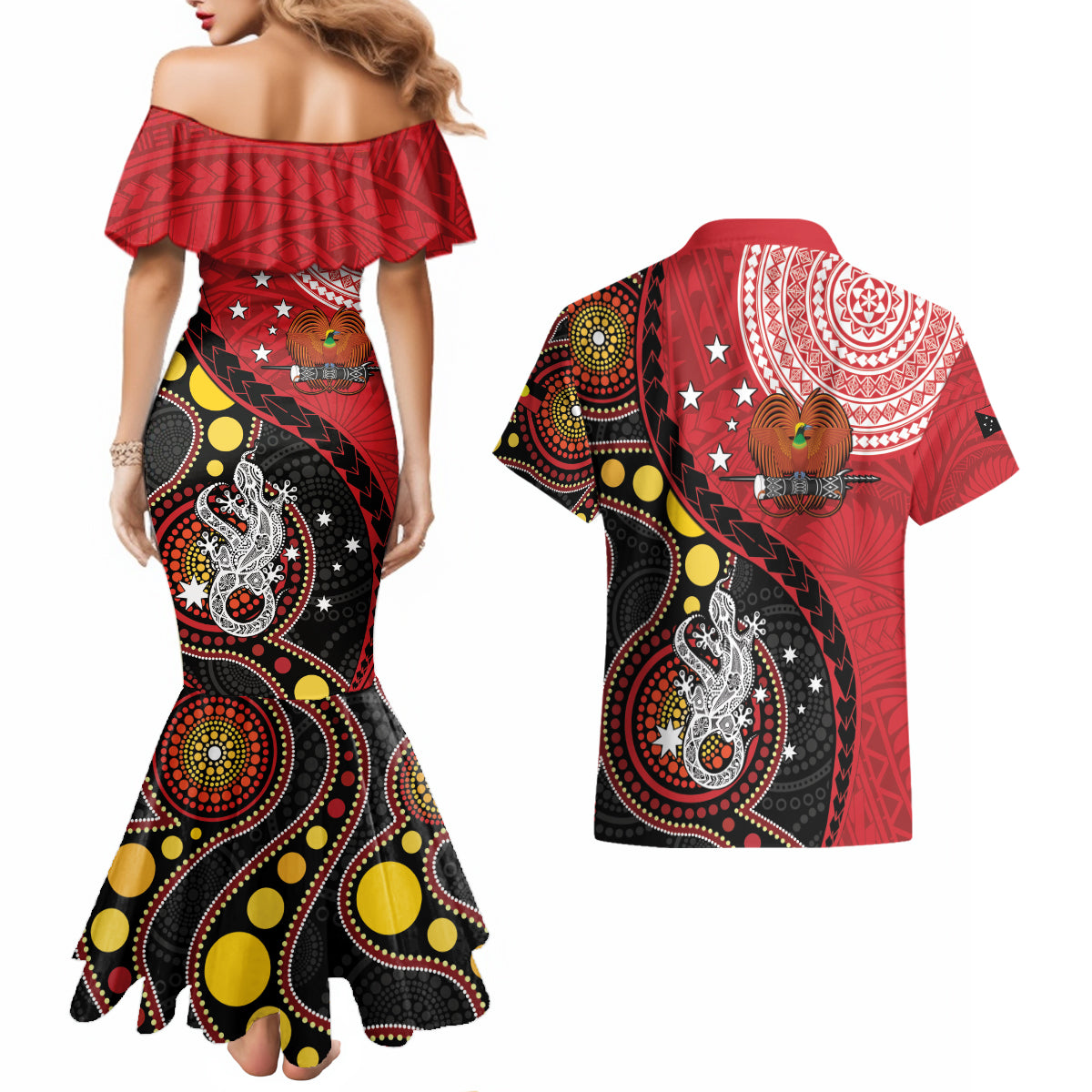 Papua New Guinea And Australia Aboriginal Couples Matching Mermaid Dress and Hawaiian Shirt Bird Of Paradise And Kangaroo Together