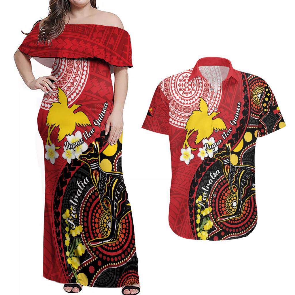 Papua New Guinea And Australia Aboriginal Couples Matching Off Shoulder Maxi Dress and Hawaiian Shirt Bird Of Paradise And Kangaroo Together LT05 Red - Polynesian Pride