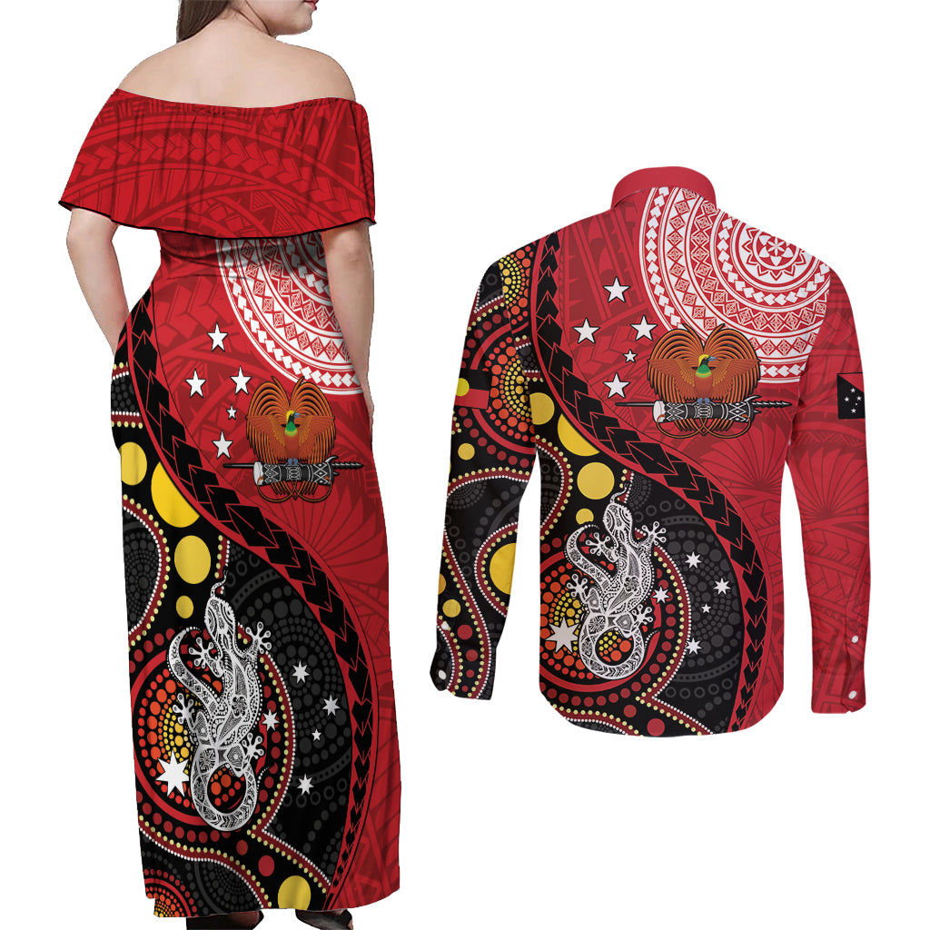 Papua New Guinea And Australia Aboriginal Couples Matching Off Shoulder Maxi Dress and Long Sleeve Button Shirt Bird Of Paradise And Kangaroo Together