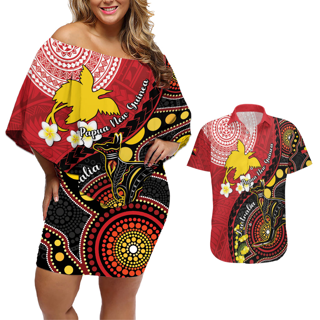 Papua New Guinea And Australia Aboriginal Couples Matching Off Shoulder Short Dress and Hawaiian Shirt Bird Of Paradise And Kangaroo Together