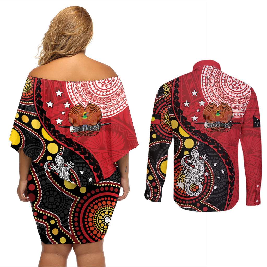 Papua New Guinea And Australia Aboriginal Couples Matching Off Shoulder Short Dress and Long Sleeve Button Shirt Bird Of Paradise And Kangaroo Together