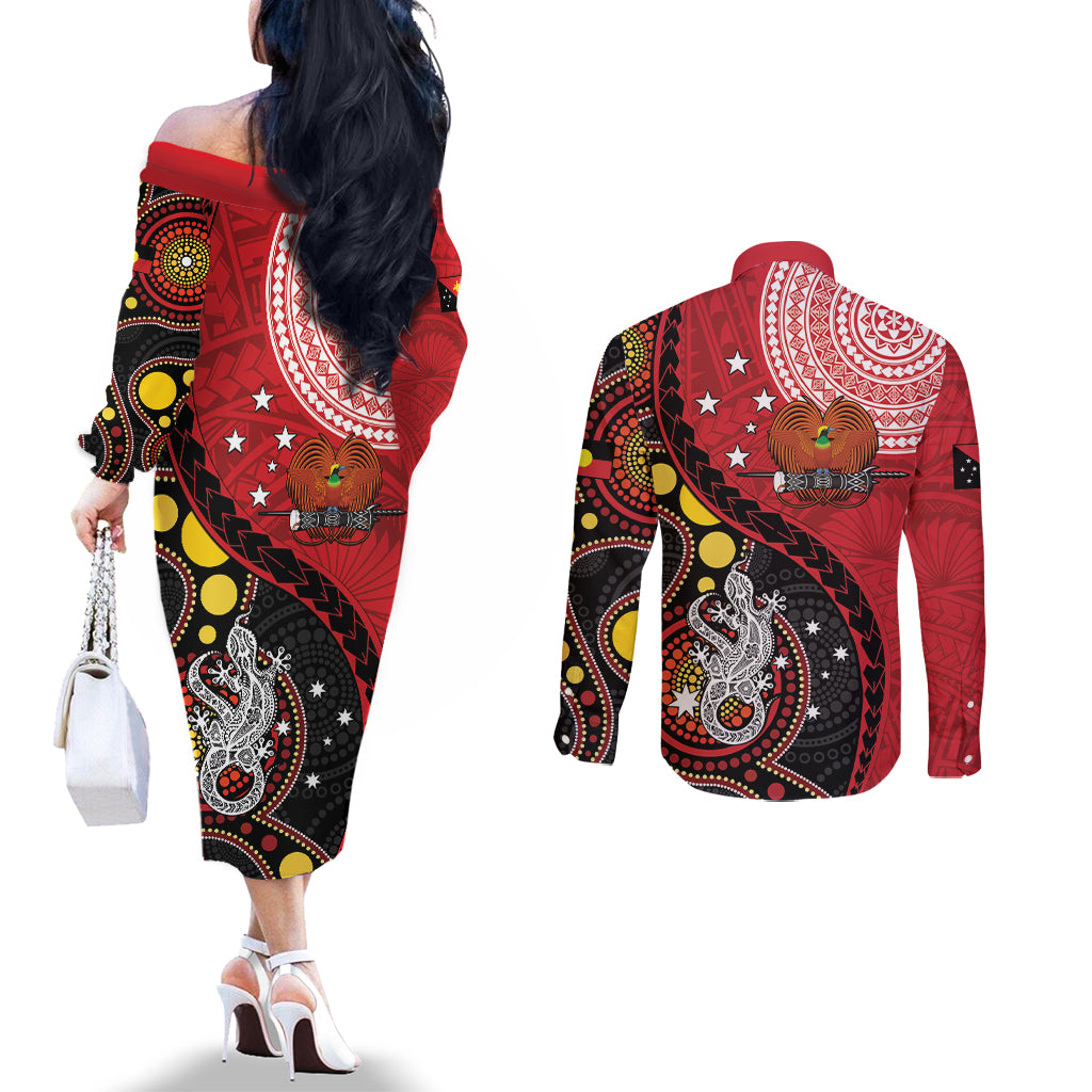 Papua New Guinea And Australia Aboriginal Couples Matching Off The Shoulder Long Sleeve Dress and Long Sleeve Button Shirt Bird Of Paradise And Kangaroo Together